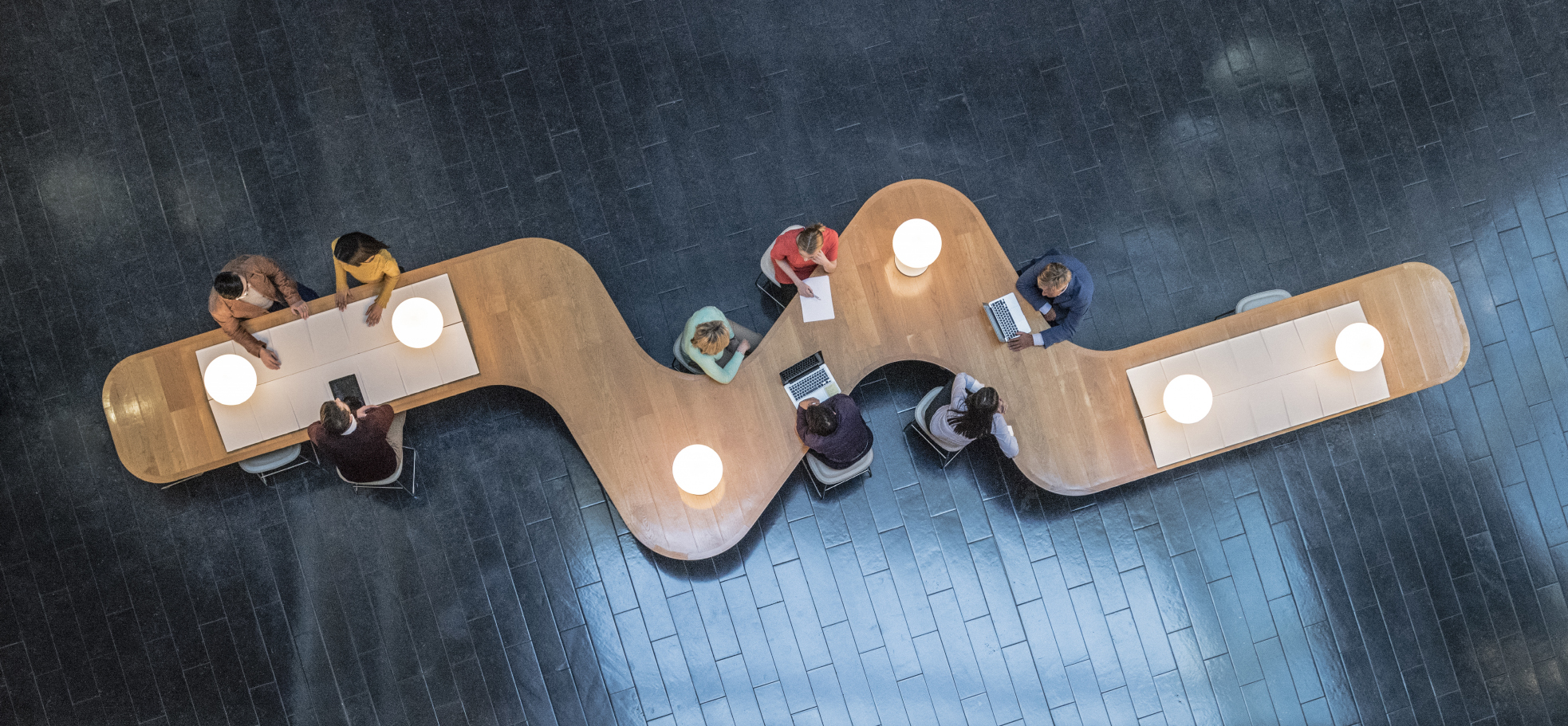 Aerial view of desks